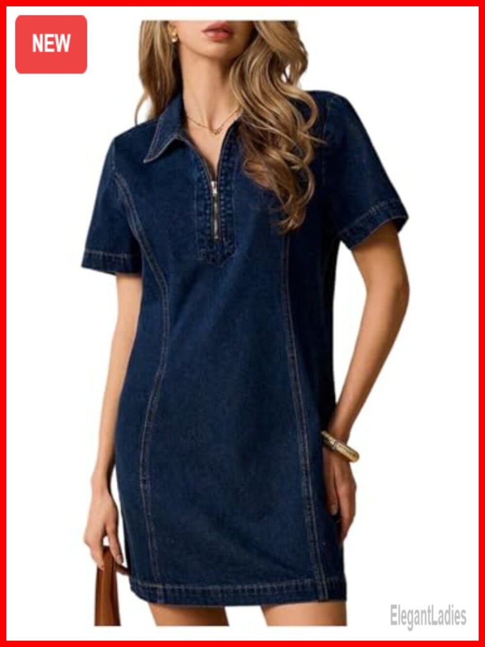 Quarter Zip Denim Dress Short Sleeve Collared Short Jean Dress